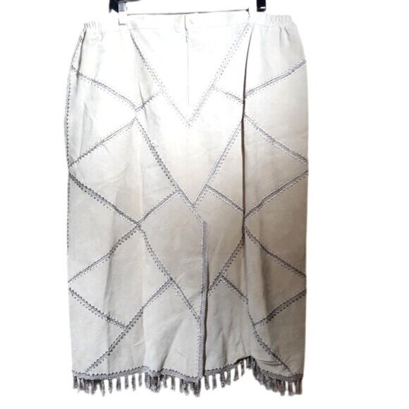 Tan Suede Skirt Suit Womens 4X Midi Crochet Patchwork - Picture 5 of 8